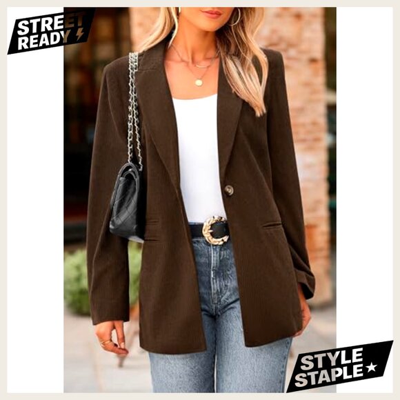 Corduroy Blazer Women's Long Sleeve Lapel Button Front Work Casual - Picture 4 of 7